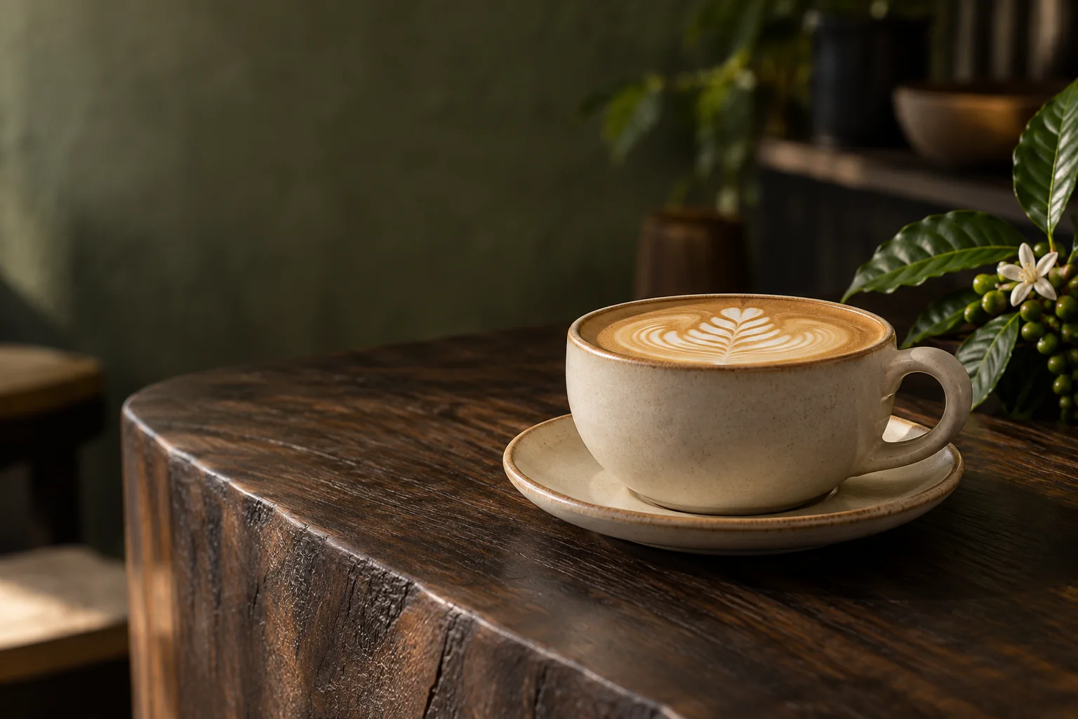 Latte preparado al momento en una taza de cerámica artesanal